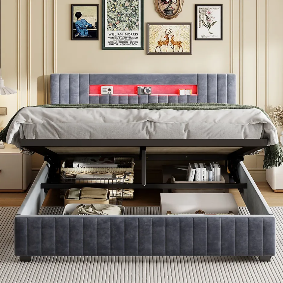 Fortuna lai Lit Double Capitonné 160 X 200 Cm Avec Tête De Lit LED, Rangement, Sommier à Lattes En Bois, Gris Outlet