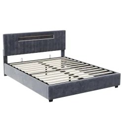 Fortuna lai Lit Double Capitonné 160 X 200 Cm Avec Tête De Lit LED, Rangement, Sommier à Lattes En Bois, Gris Outlet
