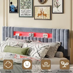 Fortuna lai Lit Double Capitonné 160 X 200 Cm Avec Tête De Lit LED, Rangement, Sommier à Lattes En Bois, Gris Outlet