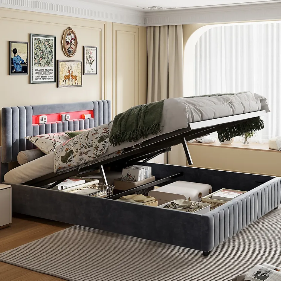 Fortuna lai Lit Double Capitonné 160 X 200 Cm Avec Tête De Lit LED, Rangement, Sommier à Lattes En Bois, Gris Outlet