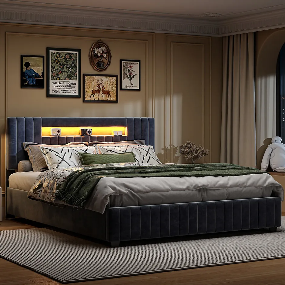 Fortuna lai Lit Double Capitonné 160 X 200 Cm Avec Tête De Lit LED, Rangement, Sommier à Lattes En Bois, Gris Outlet