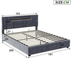 Fortuna lai Lit Double Capitonné 160 X 200 Cm Avec Tête De Lit LED, Rangement, Sommier à Lattes En Bois, Gris Outlet