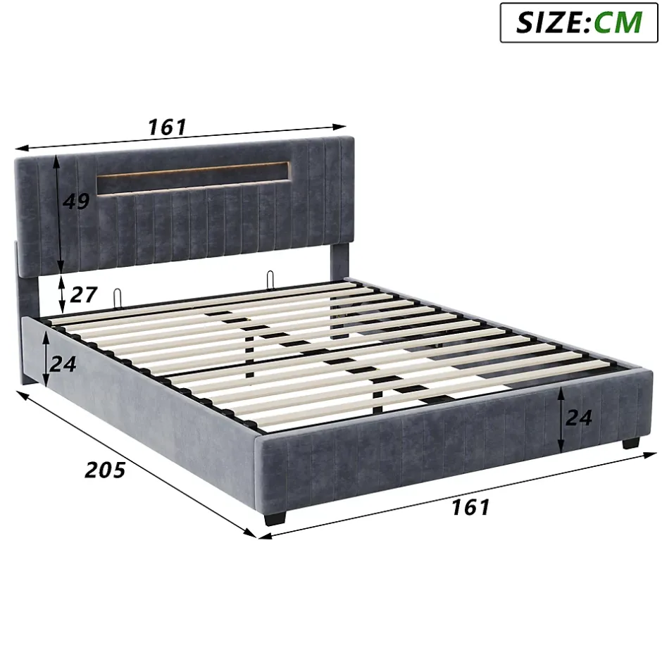 Fortuna lai Lit Double Capitonné 160 X 200 Cm Avec Tête De Lit LED, Rangement, Sommier à Lattes En Bois, Gris Outlet