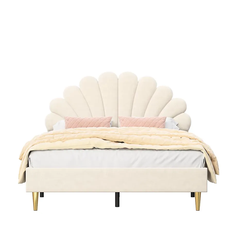 Simple Life Lit Double Capitonné 140 X 200 Cm Avec Sommier à Lattes, Velours, Beige Online