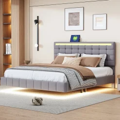 Fortuna lai Lit double capitonné 160 x 200 cm, cadre de lit flottant, rembourré, avec LED, lin, gris