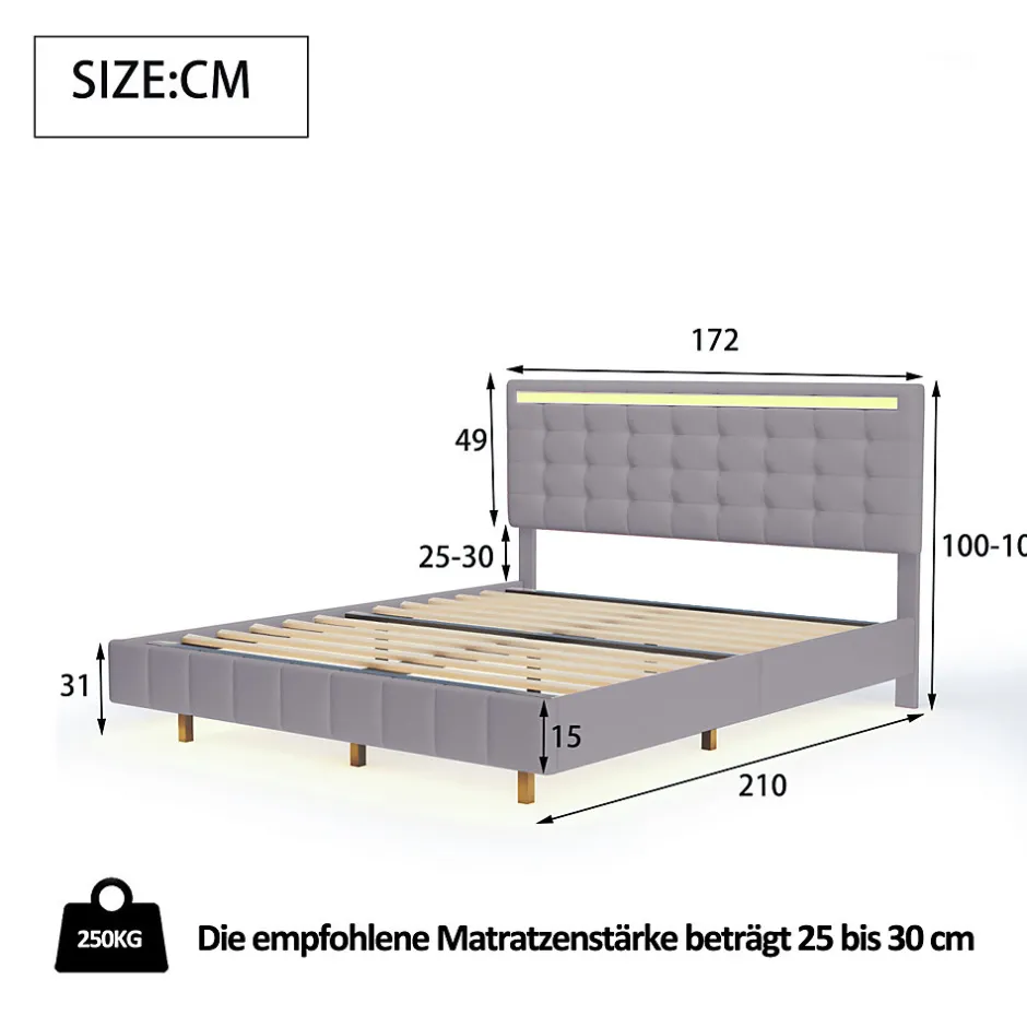 Fortuna lai Lit double capitonné 160 x 200 cm, cadre de lit flottant, rembourré, avec LED, lin, gris