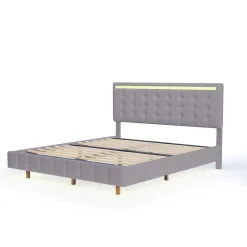Fortuna lai Lit double capitonné 160 x 200 cm, cadre de lit flottant, rembourré, avec LED, lin, gris