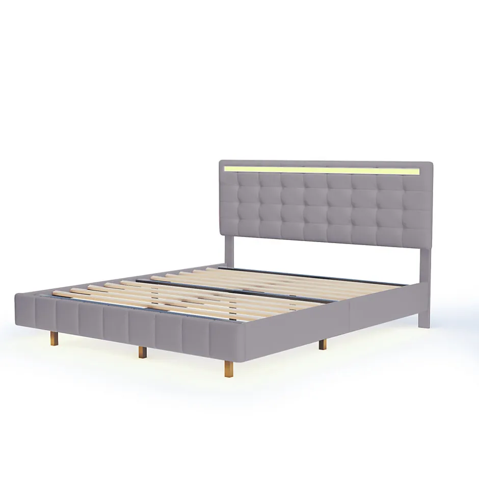 Fortuna lai Lit double capitonné 160 x 200 cm, cadre de lit flottant, rembourré, avec LED, lin, gris
