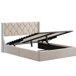 Fortuna lai Lit double capitonné 140 x 190 cm, avec tête de lit et éclairage LED, espace de rangement, beige