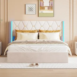 Fortuna lai Lit double capitonné 140 x 190 cm, avec tête de lit et éclairage LED, espace de rangement, beige