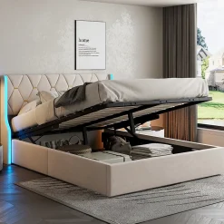 Fortuna lai Lit double capitonné 140 x 190 cm, avec tête de lit et éclairage LED, espace de rangement, beige