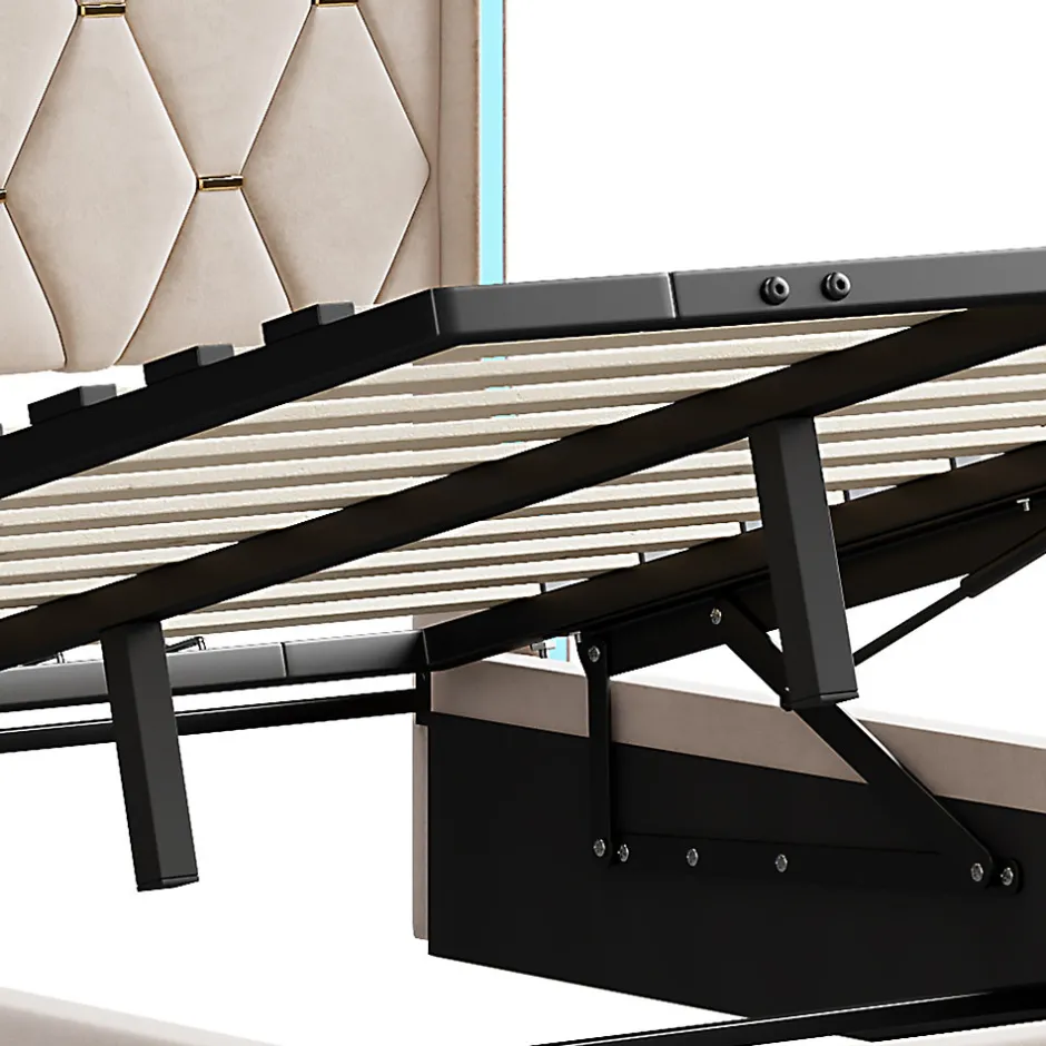 Fortuna lai Lit double capitonné 140 x 190 cm, avec tête de lit et éclairage LED, espace de rangement, beige
