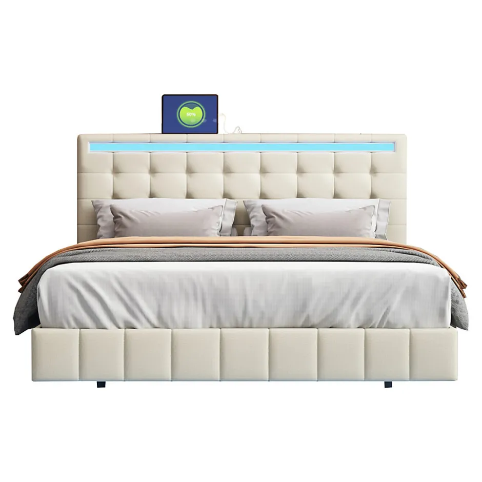 Fortuna lai Lit double capitonné 140 x 200 cm, cadre de lit flottant, rembourré, avec LED, lin, beige