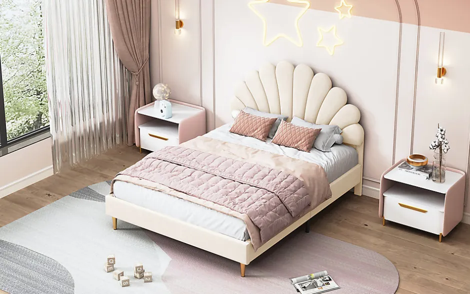 Fortuna lai Lit double capitonné 140 x 200 cm avec sommier à lattes, velours, Beige