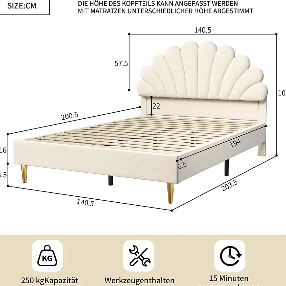 Fortuna lai Lit double capitonné 140 x 200 cm avec sommier à lattes, velours, Beige