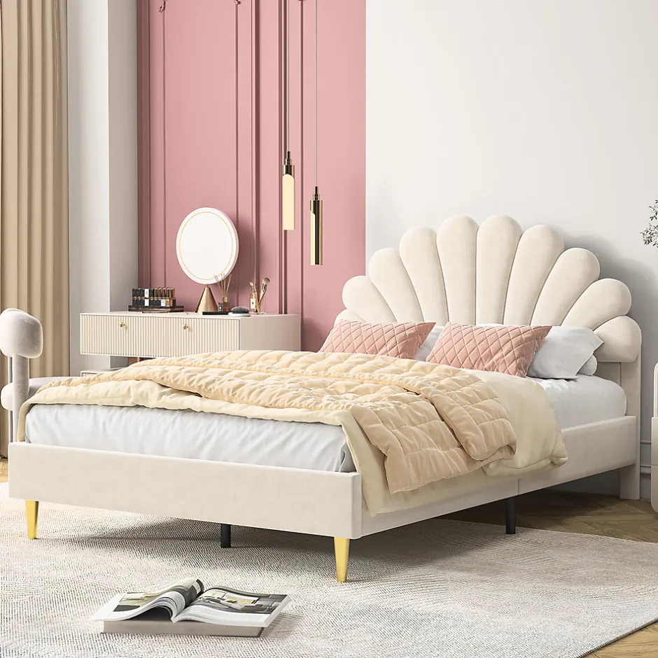 Fortuna lai Lit double capitonné 140 x 200 cm avec sommier à lattes, velours, Beige