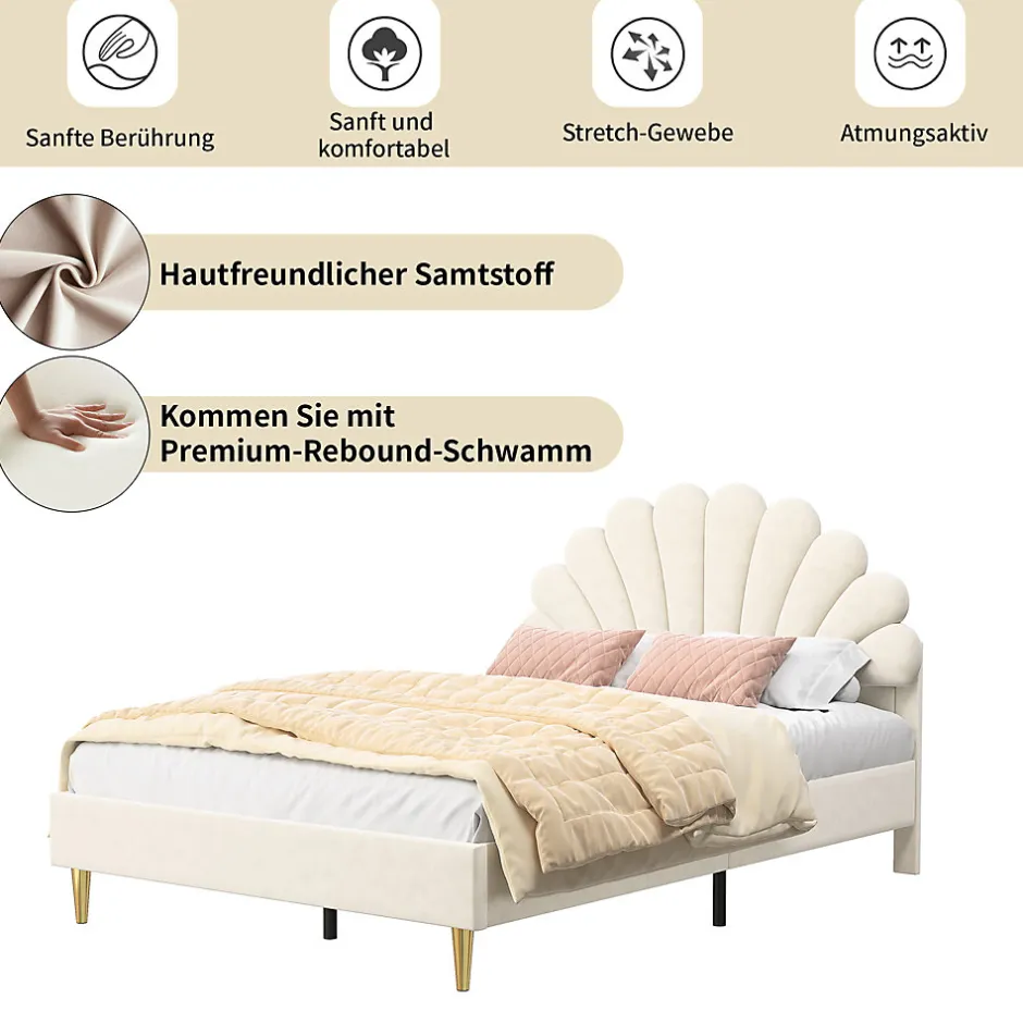 Fortuna lai Lit double capitonné 140 x 200 cm avec sommier à lattes, velours, Beige