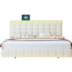 Fortuna lai Lit double capitonné 160 x 200 cm, cadre de lit flottant, rembourré, avec LED, lin, beige