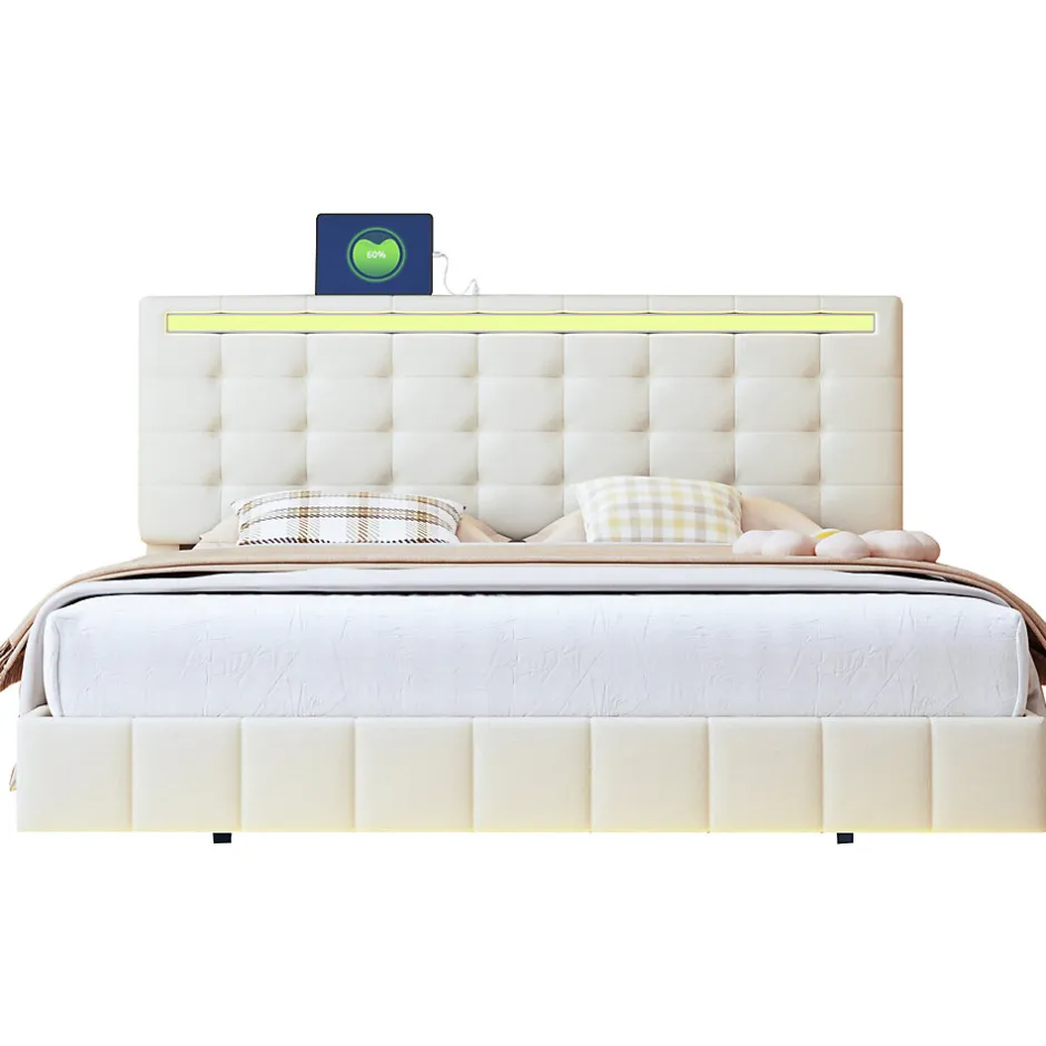Fortuna lai Lit double capitonné 160 x 200 cm, cadre de lit flottant, rembourré, avec LED, lin, beige