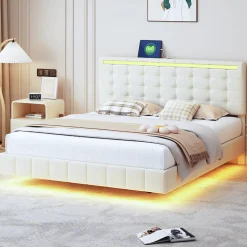 Fortuna lai Lit double capitonné 160 x 200 cm, cadre de lit flottant, rembourré, avec LED, lin, beige