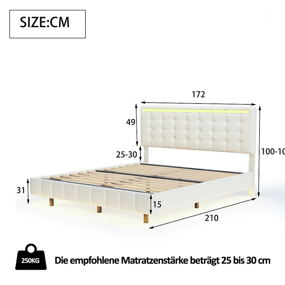 Fortuna lai Lit double capitonné 160 x 200 cm, cadre de lit flottant, rembourré, avec LED, lin, beige