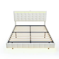 Fortuna lai Lit double capitonné 160 x 200 cm, cadre de lit flottant, rembourré, avec LED, lin, beige