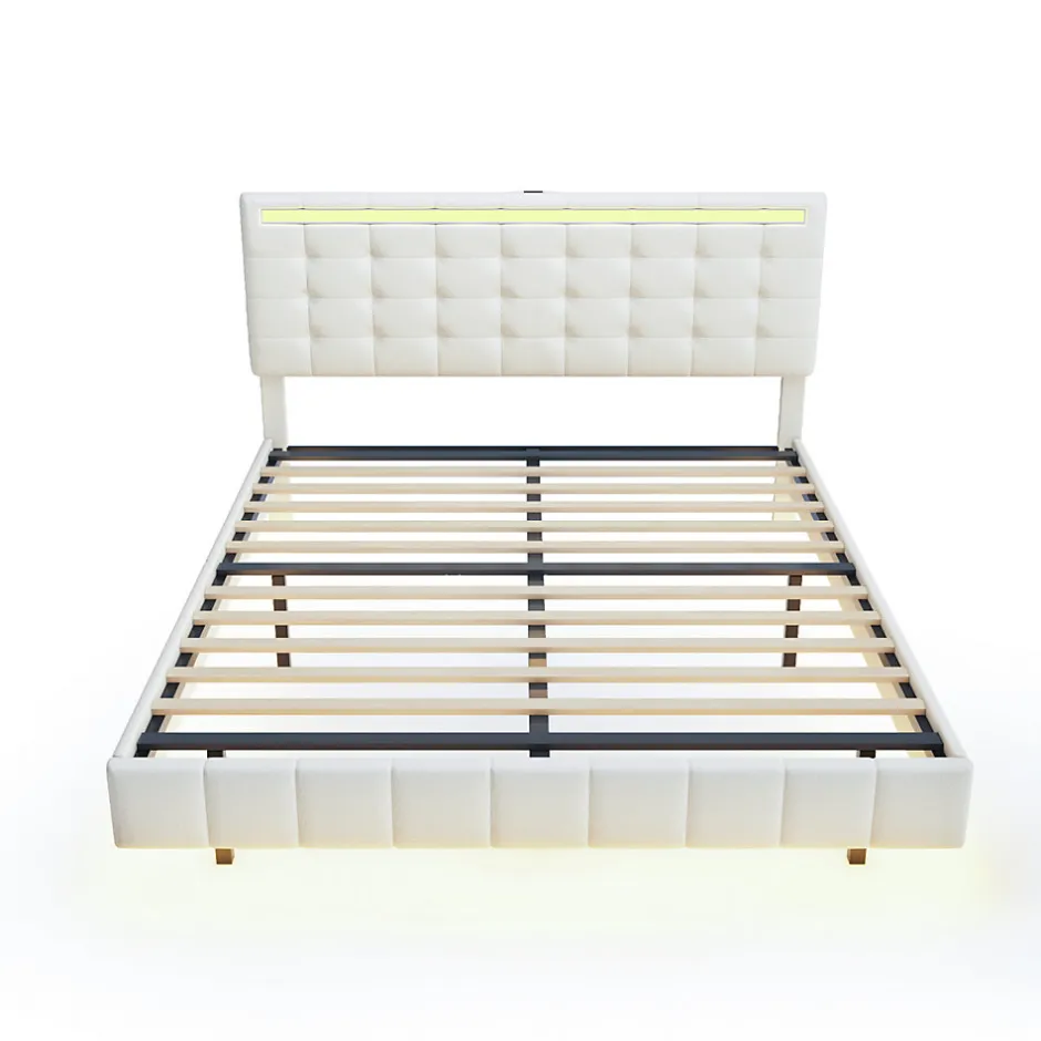 Fortuna lai Lit double capitonné 160 x 200 cm, cadre de lit flottant, rembourré, avec LED, lin, beige