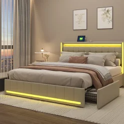 Fortuna lai Lit double capitonné 140 x 190 cm, avec tête de lit et éclairage LED, 4 tiroirs, tissu lin, beige Online