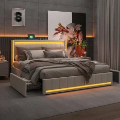 Fortuna lai Lit double capitonné 140 x 190 cm, avec tête de lit et éclairage LED, 4 tiroirs, tissu lin, beige Online