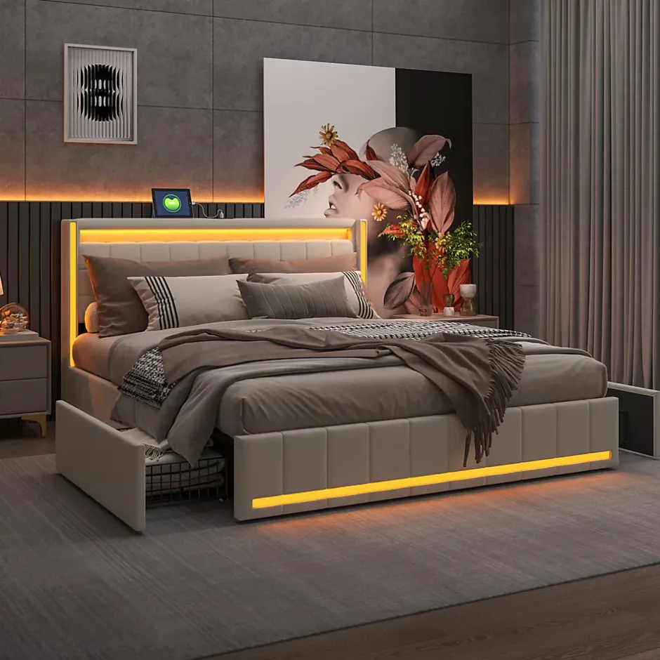 Fortuna lai Lit double capitonné 140 x 190 cm, avec tête de lit et éclairage LED, 4 tiroirs, tissu lin, beige Online