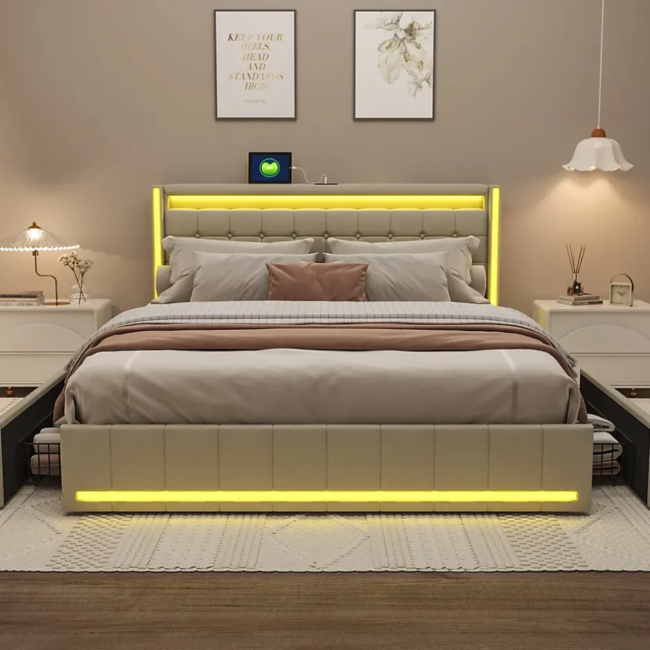 Fortuna lai Lit double capitonné 140 x 190 cm, avec tête de lit et éclairage LED, 4 tiroirs, tissu lin, beige Online