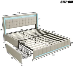 Fortuna lai Lit double capitonné 140 x 190 cm, avec tête de lit et éclairage LED, 4 tiroirs, tissu lin, beige Online