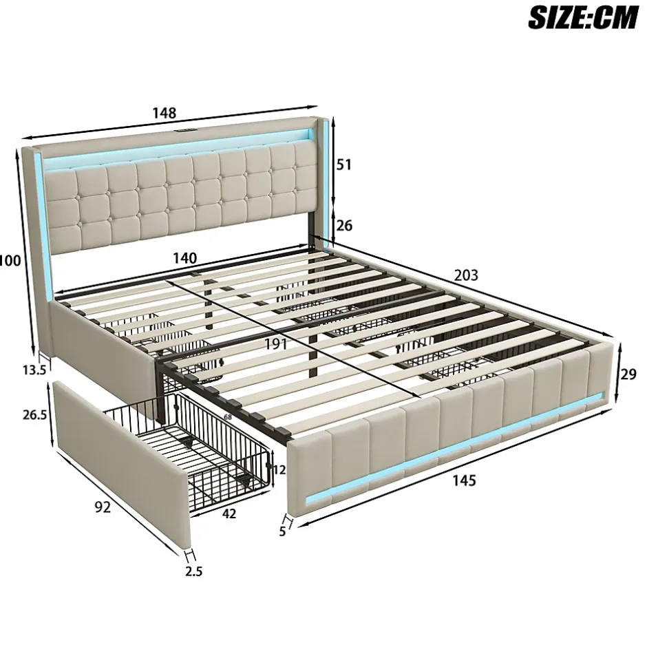 Fortuna lai Lit double capitonné 140 x 190 cm, avec tête de lit et éclairage LED, 4 tiroirs, tissu lin, beige Online