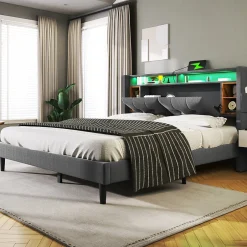 Urban Meuble Lit double capitonné gris avec tête de lit rangement éclairage LED