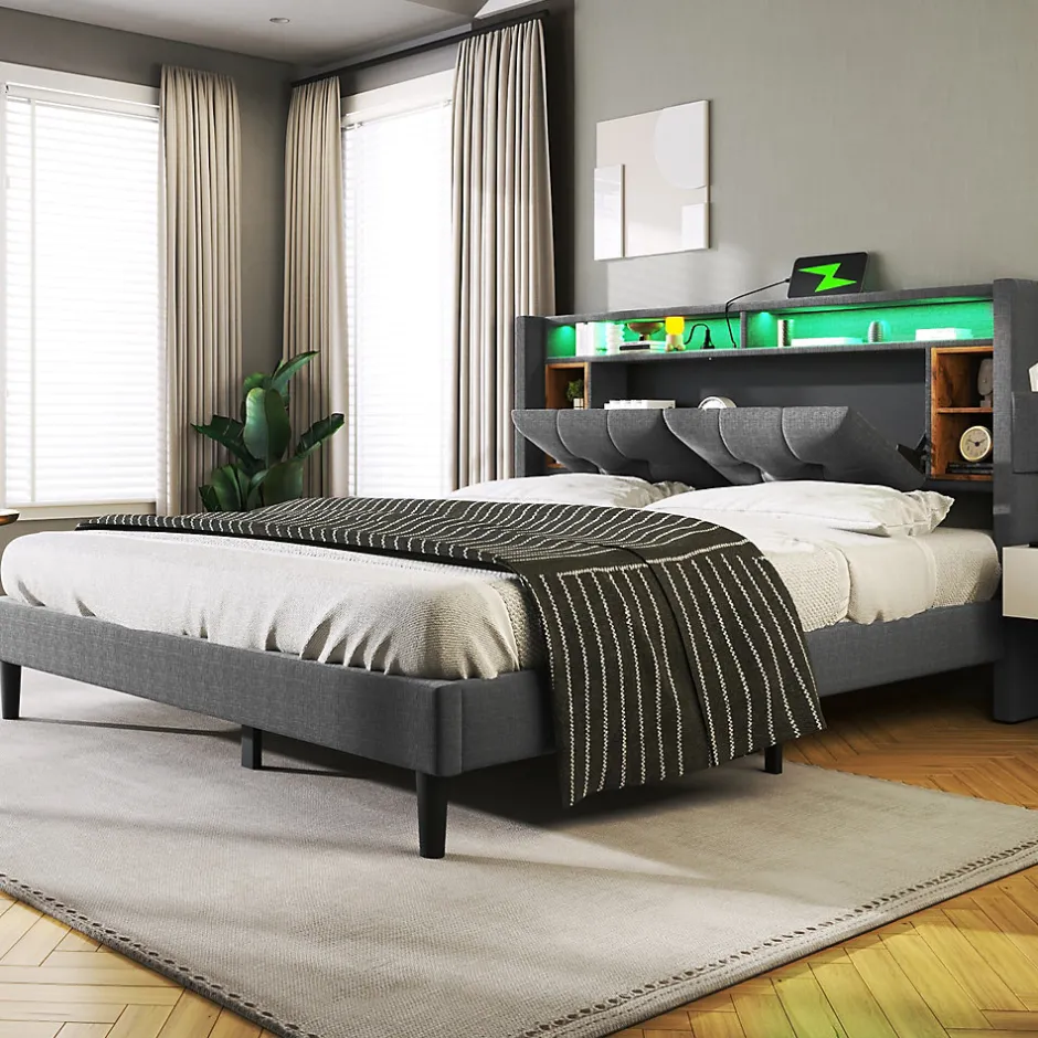 Urban Meuble Lit double capitonné gris avec tête de lit rangement éclairage LED