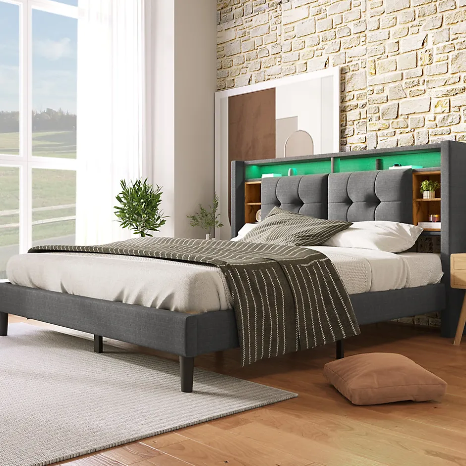 Urban Meuble Lit double capitonné gris avec tête de lit rangement éclairage LED