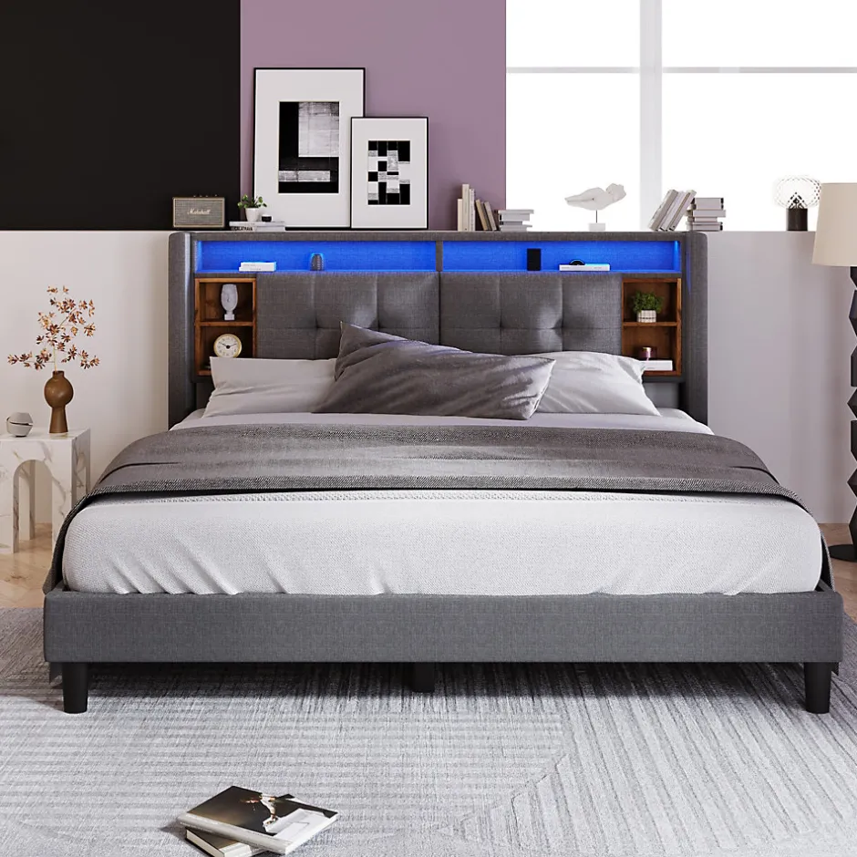 Urban Meuble Lit double capitonné gris avec tête de lit rangement éclairage LED