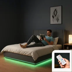 [En.Casa] Lit double capitonné Tröstiar avec éclairage LED et matelas 140 x 200 cm anthracite en.casa Clearance