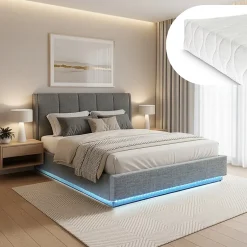 [En.Casa] Lit double capitonné Tröstiar avec éclairage LED et matelas 140 x 200 cm anthracite en.casa Clearance