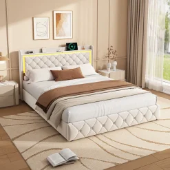 Fortuna lai Lit Double Capitonné, 140x190 Cm, Avec 4 Tiroirs, Éclairage LED Et Ports De Chargement, Beige