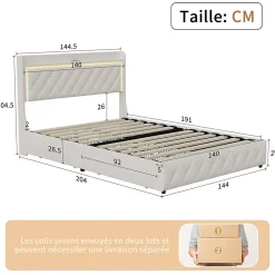 Fortuna lai Lit Double Capitonné, 140x190 Cm, Avec 4 Tiroirs, Éclairage LED Et Ports De Chargement, Beige