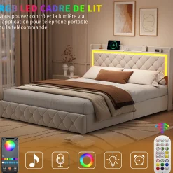 Fortuna lai Lit Double Capitonné, 140x190 Cm, Avec 4 Tiroirs, Éclairage LED Et Ports De Chargement, Beige