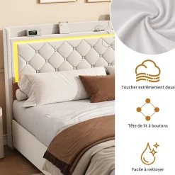 Fortuna lai Lit Double Capitonné, 140x190 Cm, Avec 4 Tiroirs, Éclairage LED Et Ports De Chargement, Beige
