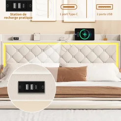 Fortuna lai Lit Double Capitonné, 140x190 Cm, Avec 4 Tiroirs, Éclairage LED Et Ports De Chargement, Beige
