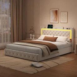 Fortuna lai Lit Double Capitonné, 140x190 Cm, Avec 4 Tiroirs, Éclairage LED Et Ports De Chargement, Beige