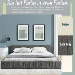 Okwish Lit Double Capitonné 160x200 cm, Tête de Lit, Structure Bois d'Eucalyptus Métal, Chenille Doux, Gris Foncé, Sans Matelas