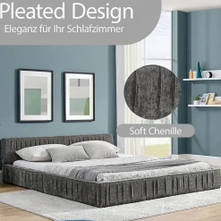 Okwish Lit Double Capitonné 160x200 cm, Tête de Lit, Structure Bois d'Eucalyptus Métal, Chenille Doux, Gris Foncé, Sans Matelas