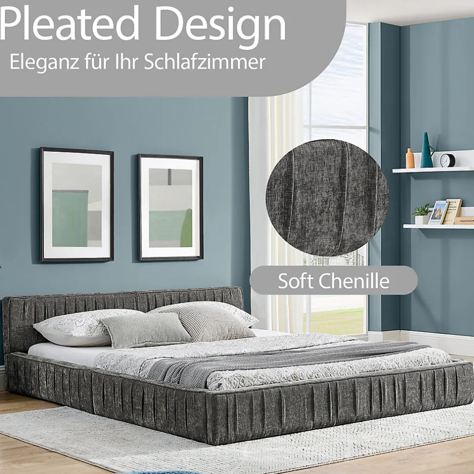 Okwish Lit Double Capitonné 160x200 cm, Tête de Lit, Structure Bois d'Eucalyptus Métal, Chenille Doux, Gris Foncé, Sans Matelas
