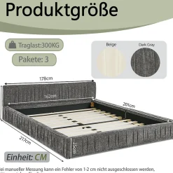 Okwish Lit Double Capitonné 160x200 cm, Tête de Lit, Structure Bois d'Eucalyptus Métal, Chenille Doux, Gris Foncé, Sans Matelas