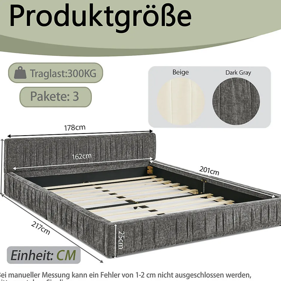 Okwish Lit Double Capitonné 160x200 cm, Tête de Lit, Structure Bois d'Eucalyptus Métal, Chenille Doux, Gris Foncé, Sans Matelas